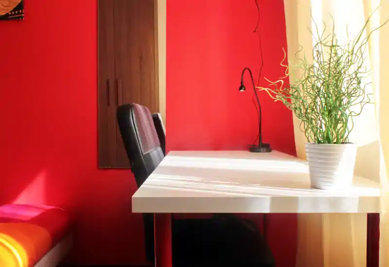 Bright, colorful living area corner with a desk, chair and potted plant illuminated by natural light; warm red walls and soft textiles create a welcoming atmosphere.