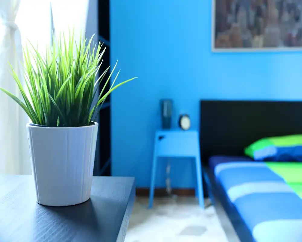 Camera da letto moderna e luminosa con biancheria colorata e un comodino; una pianta in vaso in primo piano aggiunge freschezza e profondità.