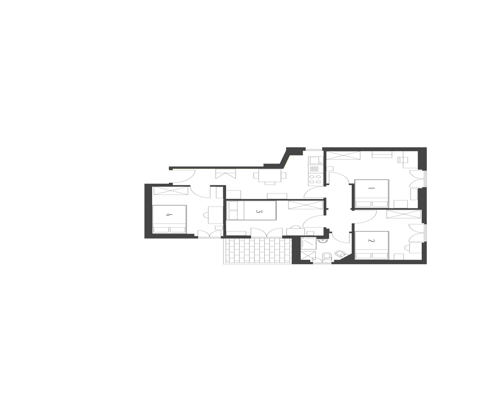 Plano arquitectónico sobre fondo negro que muestra la distribución del apartamento con habitaciones, puertas y elementos visibles — una planimetría clara, adecuada para anuncios y presentación de superficies.