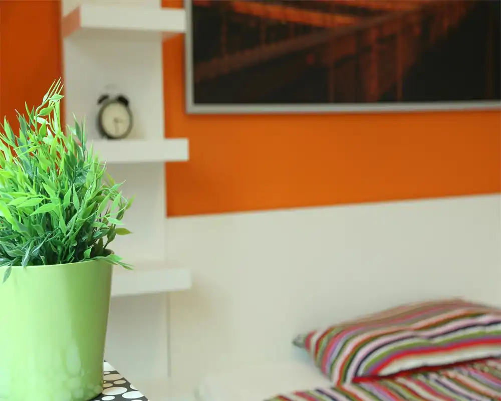 Dettaglio di una camera da letto moderna e luminosa con cuscino a righe e parete colorata. In primo piano una pianta in vaso, mensola e parte del letto con biancheria a righe.