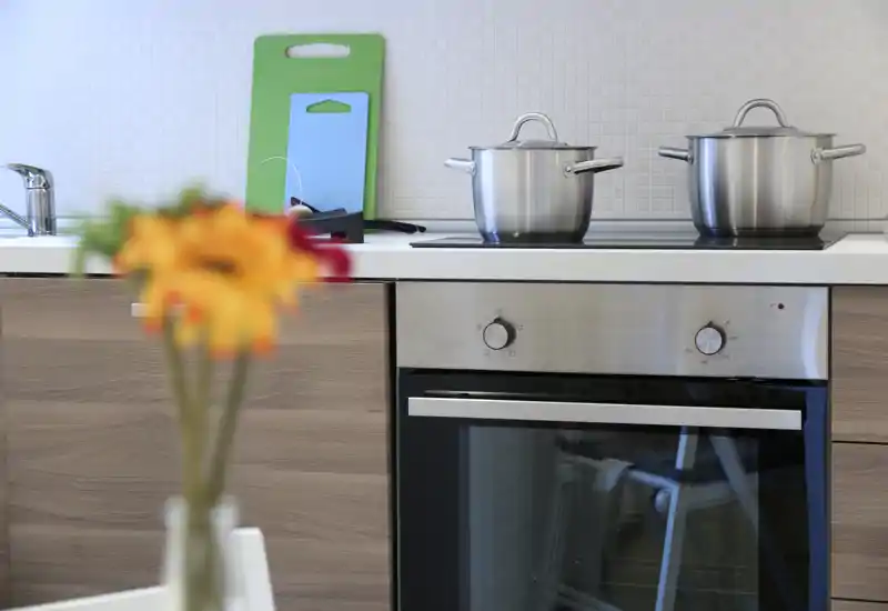 Modern compact kitchen with stainless-steel oven and induction hob, two saucepans on the stove and colorful cutting boards on the counter. The scene includes a blurred floral foreground that adds warmth.