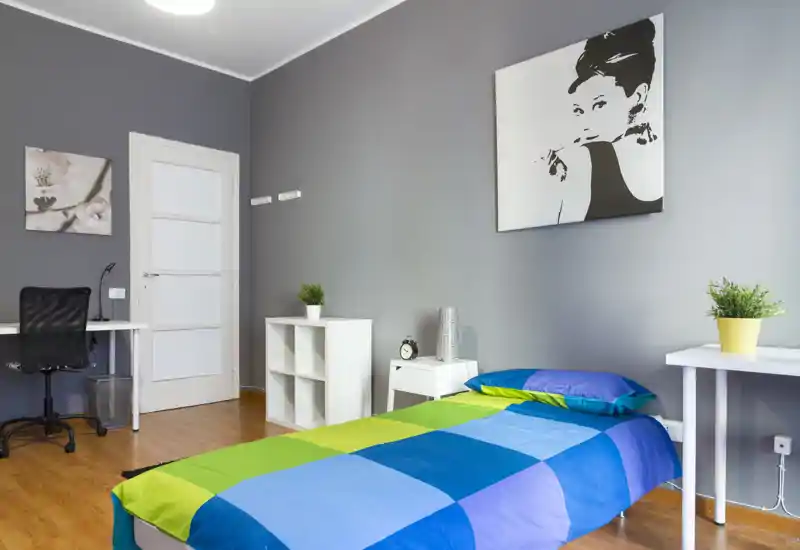 Bright, modern single bedroom with a colorful bedspread, simple white furniture and tasteful wall art. The room is well lit and staged for comfort and functionality.