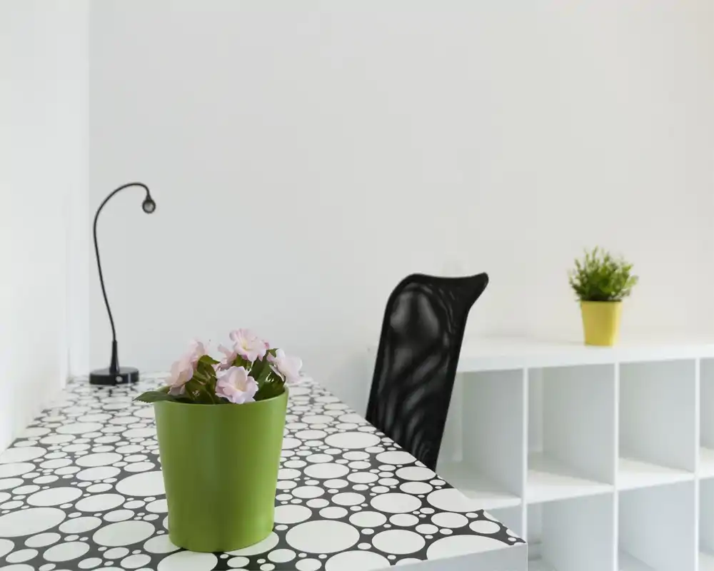 Bright, minimal living/working area with a patterned desk, ergonomic mesh chair and small potted plants adding a fresh accent.