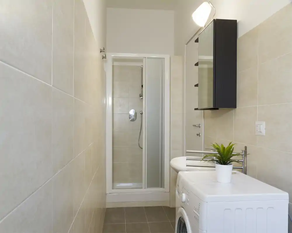 Clean, modern bathroom with a walk-in shower, wall tiles and a washing machine placed under a mirror cabinet. Neutral tones and bright artificial lighting create a tidy, functional space.