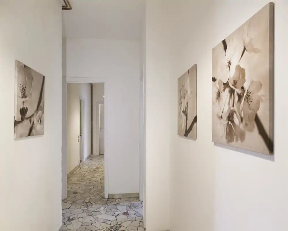 Bright, well-lit entrance corridor with decorative wall art and a patterned stone floor — a welcoming access area to the apartment.