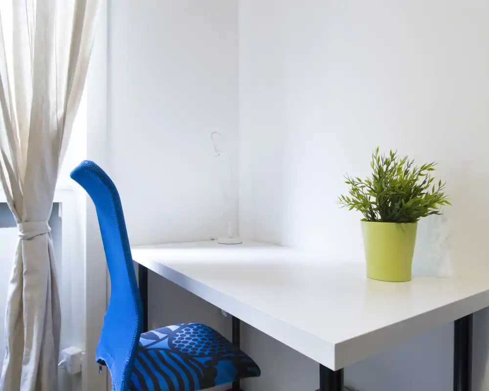 Coin bureau lumineux et minimaliste avec un bureau blanc, une chaise bleue ergonomique et une petite plante en pot près du mur.