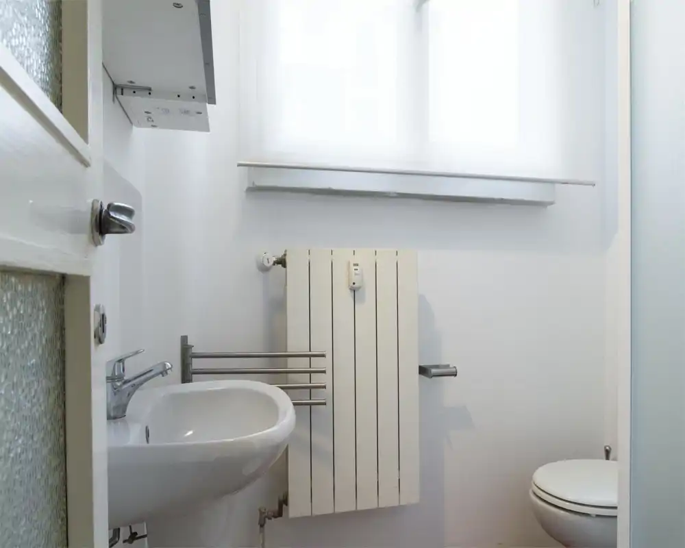 Bagno piccolo e ben illuminato con radiatore a parete, lavabo a colonna e WC. Design pulito e minimale adatto a un alloggio compatto.
