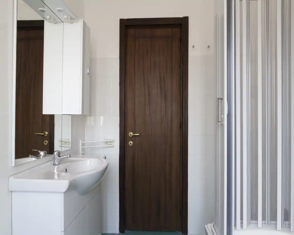 Bagno pulito e luminoso con lavabo bianco, specchio con pensile, porta in legno e doccia con parete a soffietto. Spazio semplice e ben illuminato ideale per annunci.