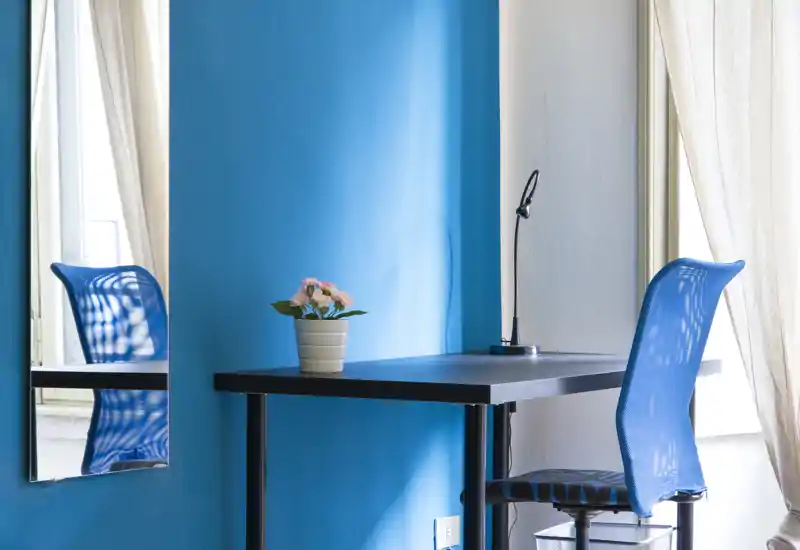 Compact bedroom/work corner with a small desk, blue accent wall and a mesh chair. Natural light filters through sheer curtains and a potted plant adds a touch of color.