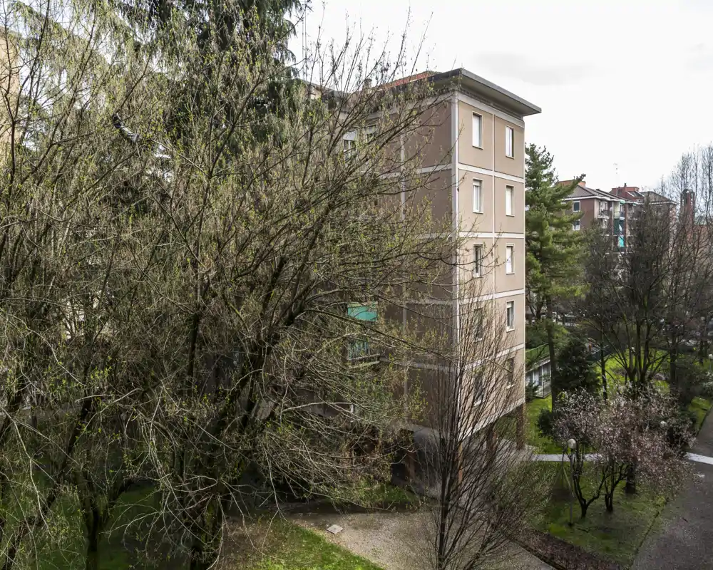 Vista tranquila del patio con árboles maduros, senderos y edificios de apartamentos adyacentes; ideal para anuncios que destaquen el espacio verde exterior y el jardín comunitario.
