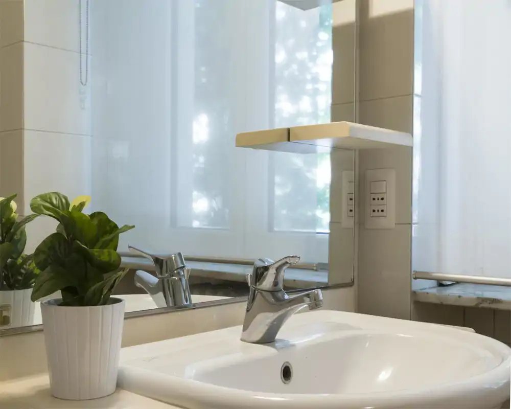 Zona de lavabo de baño moderna y luminosa con grifo cromado, espejo y una pequeña maceta que aporta frescura.