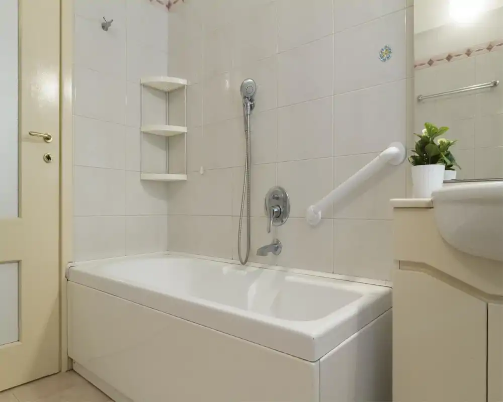 Baño limpio y neutro con bañera, ducha de mano y barra de apoyo; azulejos claros y una pequeña planta en maceta que aportan un aspecto ordenado y funcional.
