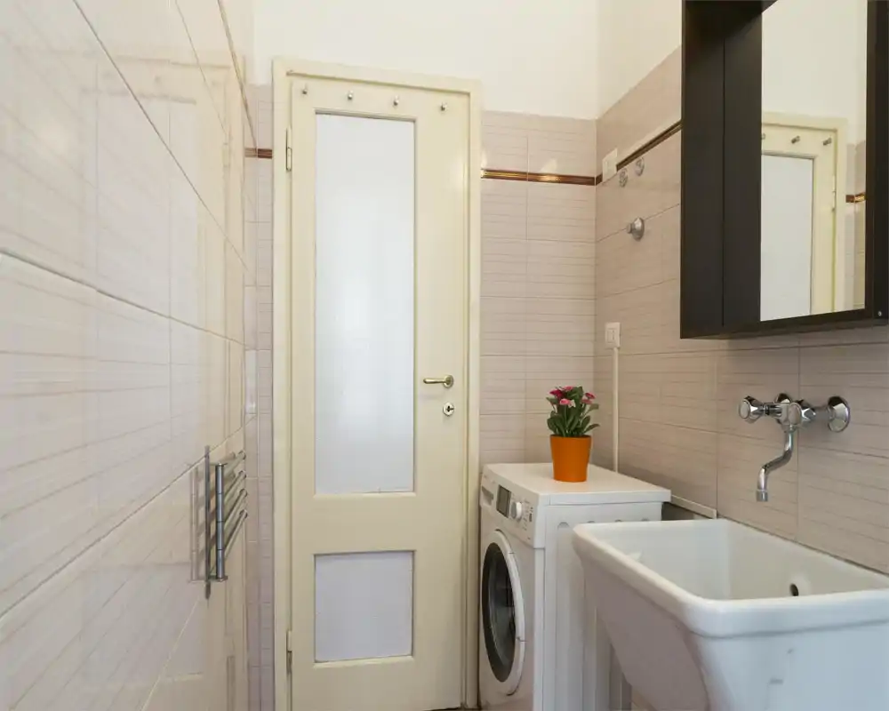 Baño de servicio compacto con lavadora de carga frontal, fregadero profundo y grifo de pared; una maceta pequeña añade un toque decorativo.