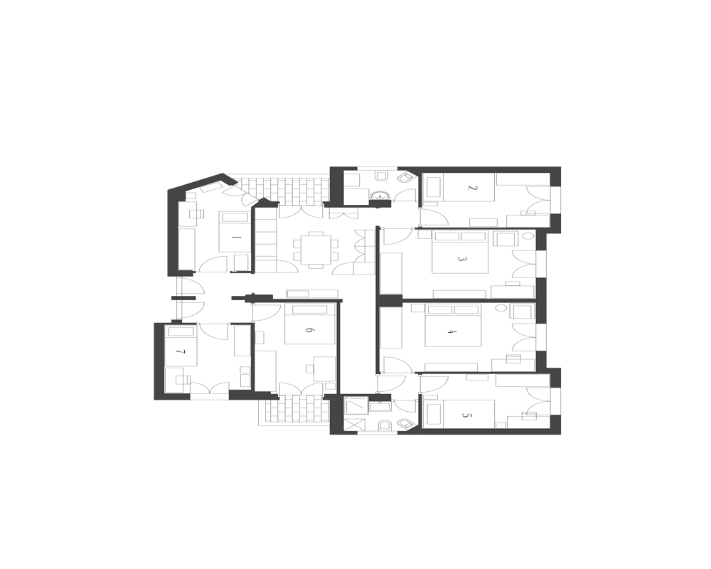 Plano arquitectónico sobre fondo negro que muestra la distribución de varias habitaciones, pasillos y servicios — imagen de planimetría útil para entender la disposición del apartamento.