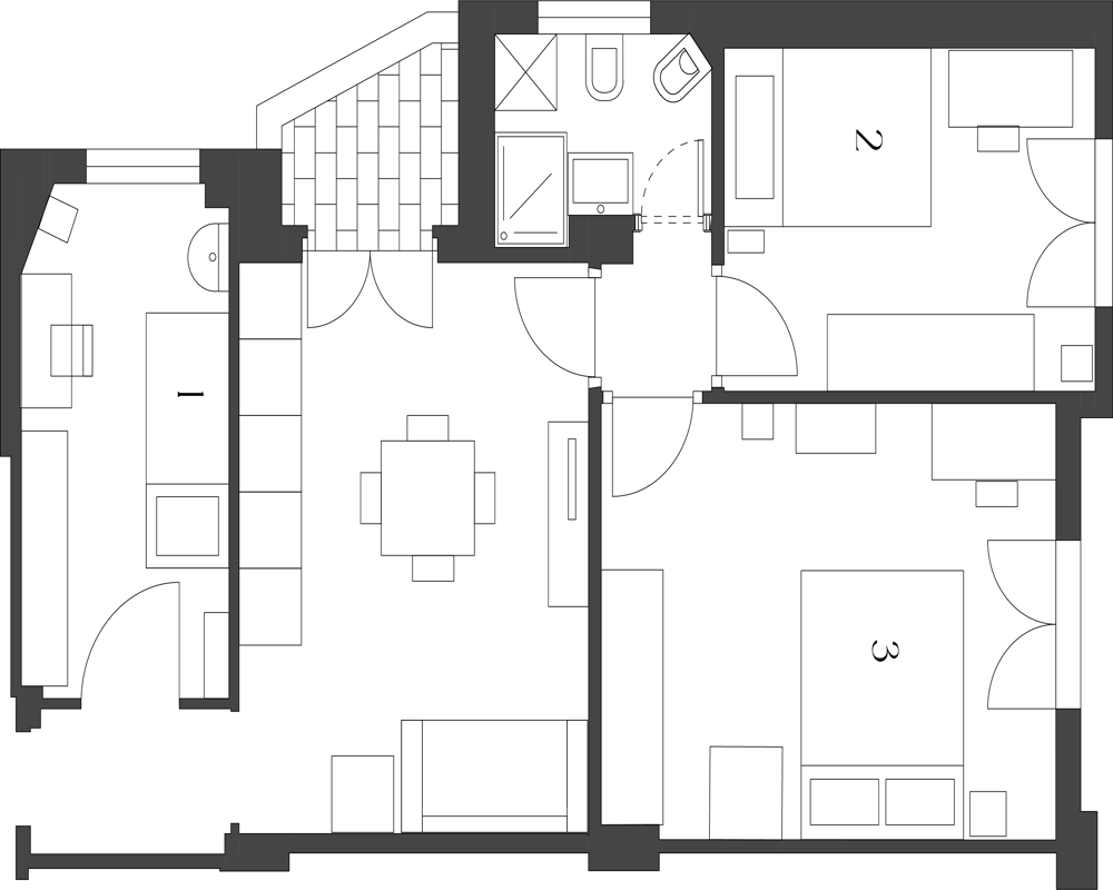 Plano arquitectónico del apartamento que muestra la distribución de la zona de estar, dos dormitorios, baño y entrada — vista en planta útil para anuncios y diseño.