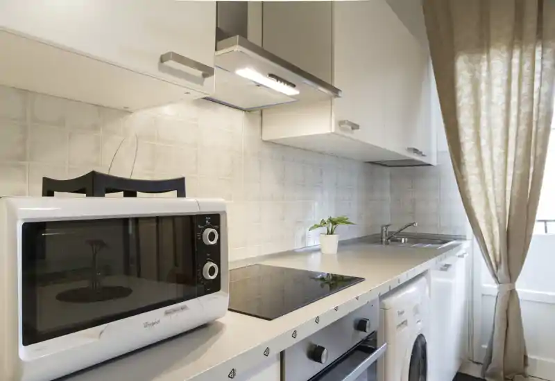 Rincón de cocina moderno y luminoso con microondas, placa de inducción, fregadero y lavadora integrada; azulejos neutros y una pequeña planta crean un aspecto limpio y acogedor.