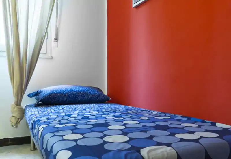 Habitación individual compacta con cama azul estampada y almohada a juego, luz natural brillante desde la ventana y una pared de acento roja.
