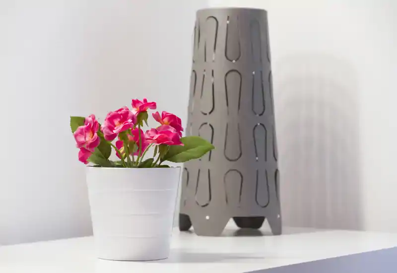 Close-up of a decorative potted plant and a sculptural lamp on a white surface; the image focuses on decor details rather than showing a specific room.