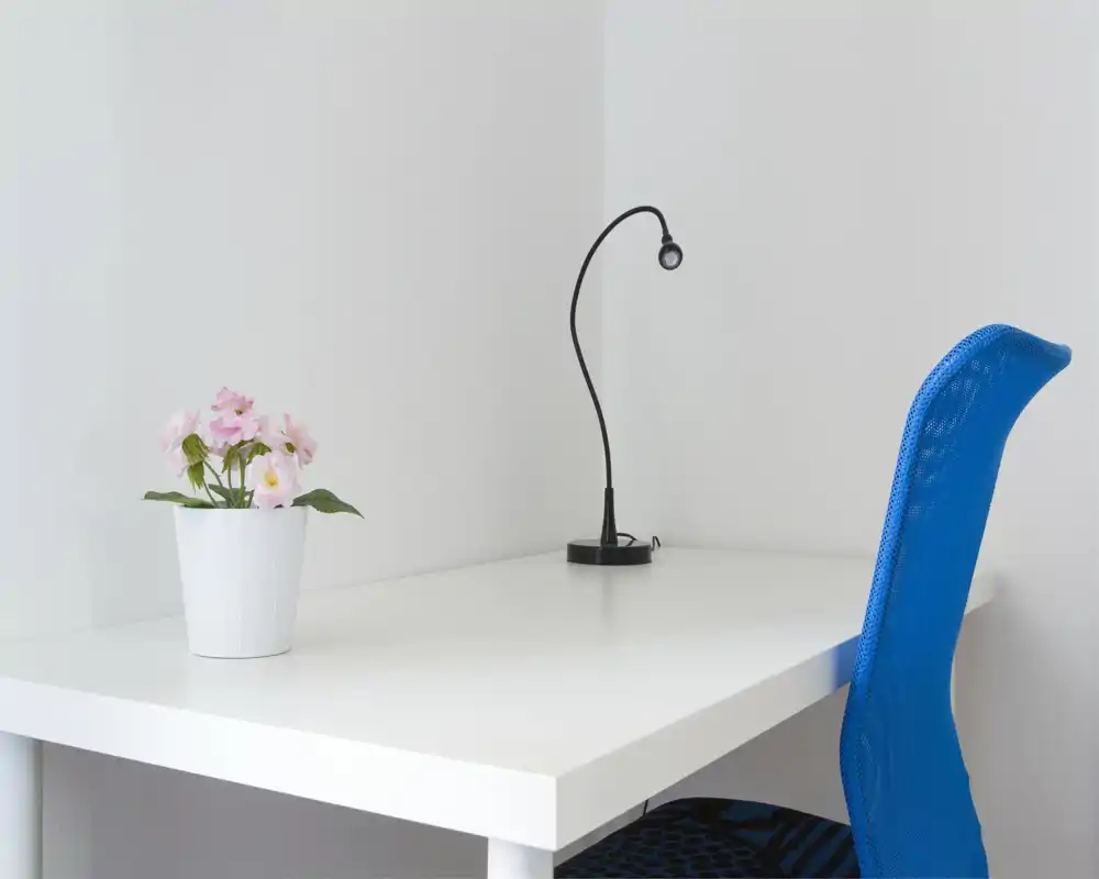 Bright, minimal desk area with a white table, a small lamp and a decorative potted plant beside a blue ergonomic chair — ideal for a tidy home office corner.