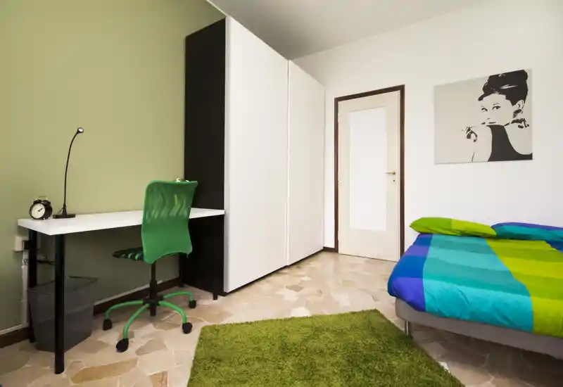 Bright, modern bedroom with a colorful double bed, green accent rug and a compact workspace with desk and chair — ideal for a student or single occupant.