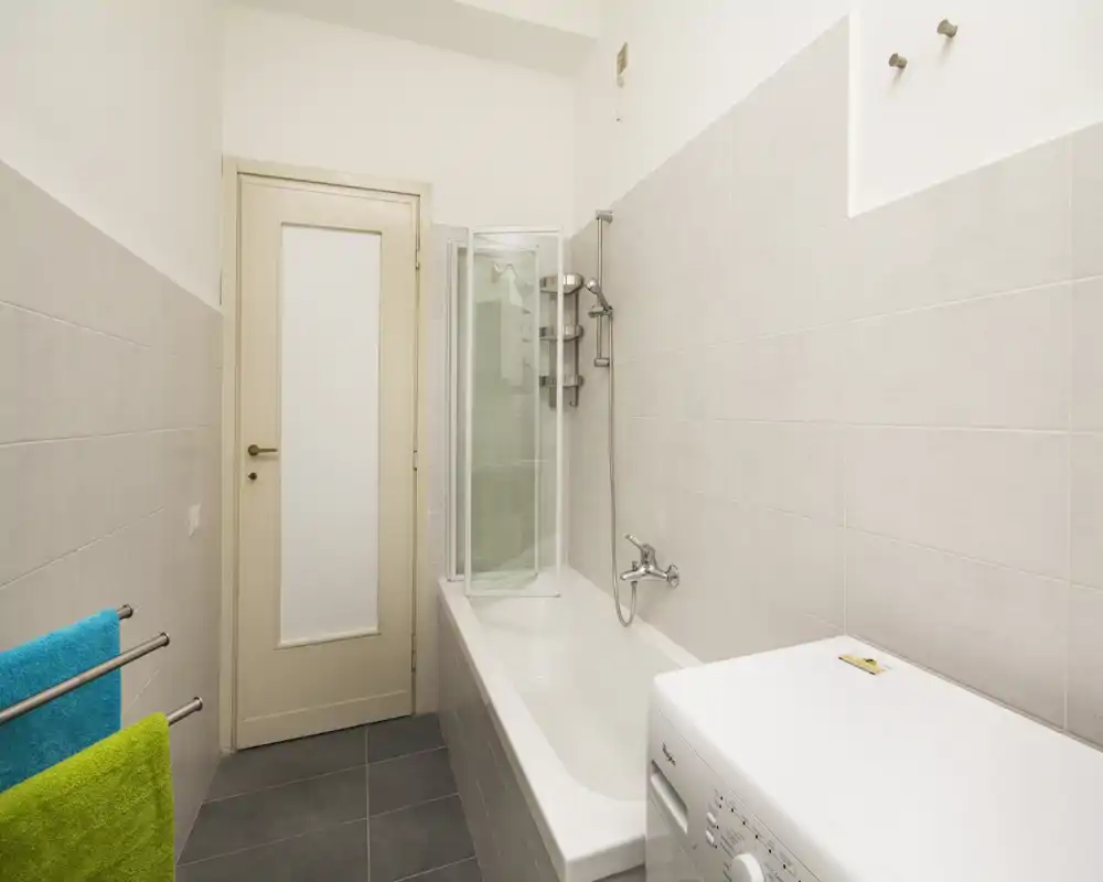Clean, bright bathroom with a bathtub and showerhead, tiled walls and a washing machine beside the tub.