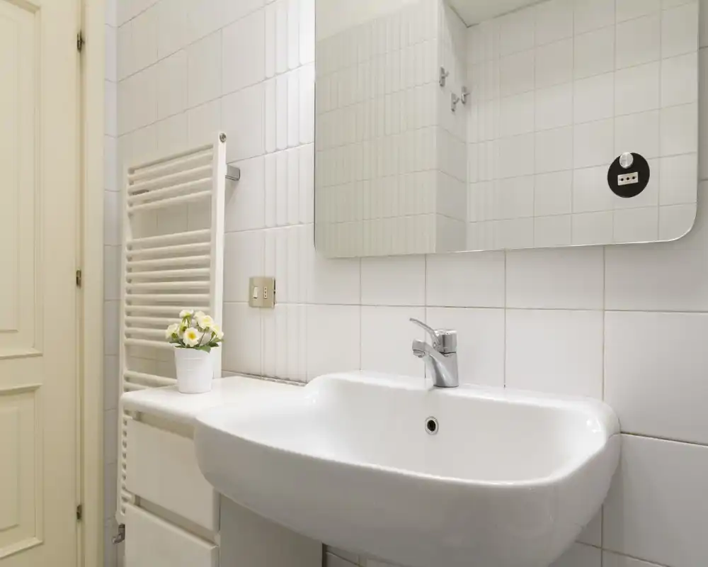 Lavabo del bagno pulito e ben illuminato con rubinetto moderno, specchio a parete e scaldasalviette; una piccola pianta decorativa dona un tocco accogliente.