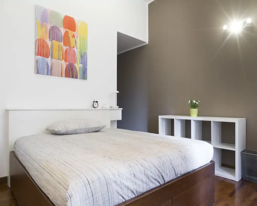 Camera da letto moderna e luminosa con letto matrimoniale ben rifatto su base in legno, mensole minimaliste; quadro colorato e pianta danno un tocco accogliente.