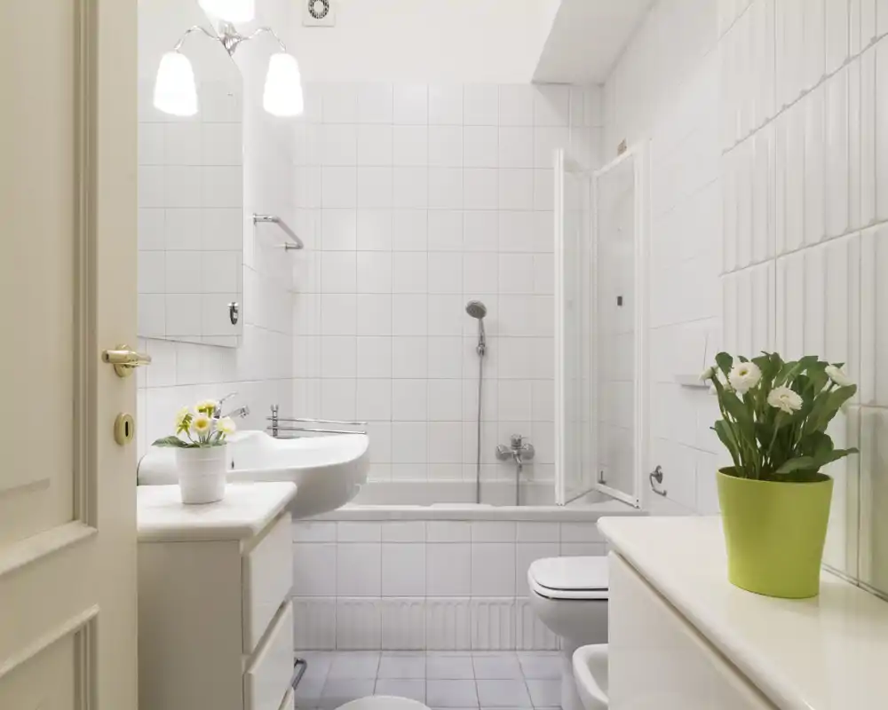Bagno luminoso e curato con vasca e doccia a mano, piastrelle bianche e sanitari moderni. Piccole piante decorative aggiungono un tocco fresco.