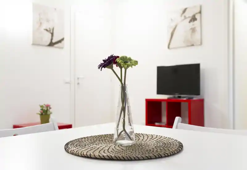 Zona de salón luminosa y minimalista tomada desde la mesa; un jarrón de cristal con flores sobre un salvamanteles tejido, con televisor y estantería roja al fondo.