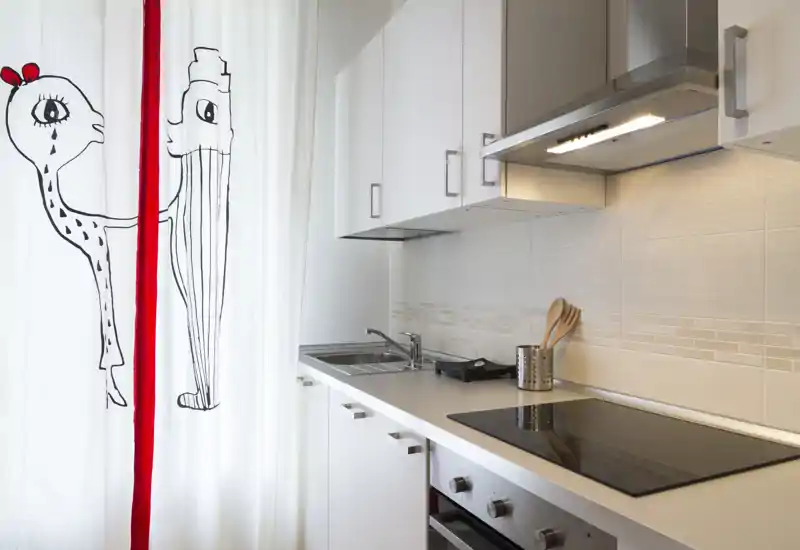 Coin cuisine moderne et lumineux avec plaque vitrocéramique, évier en inox et meubles blancs; un rideau imprimé apporte du caractère.