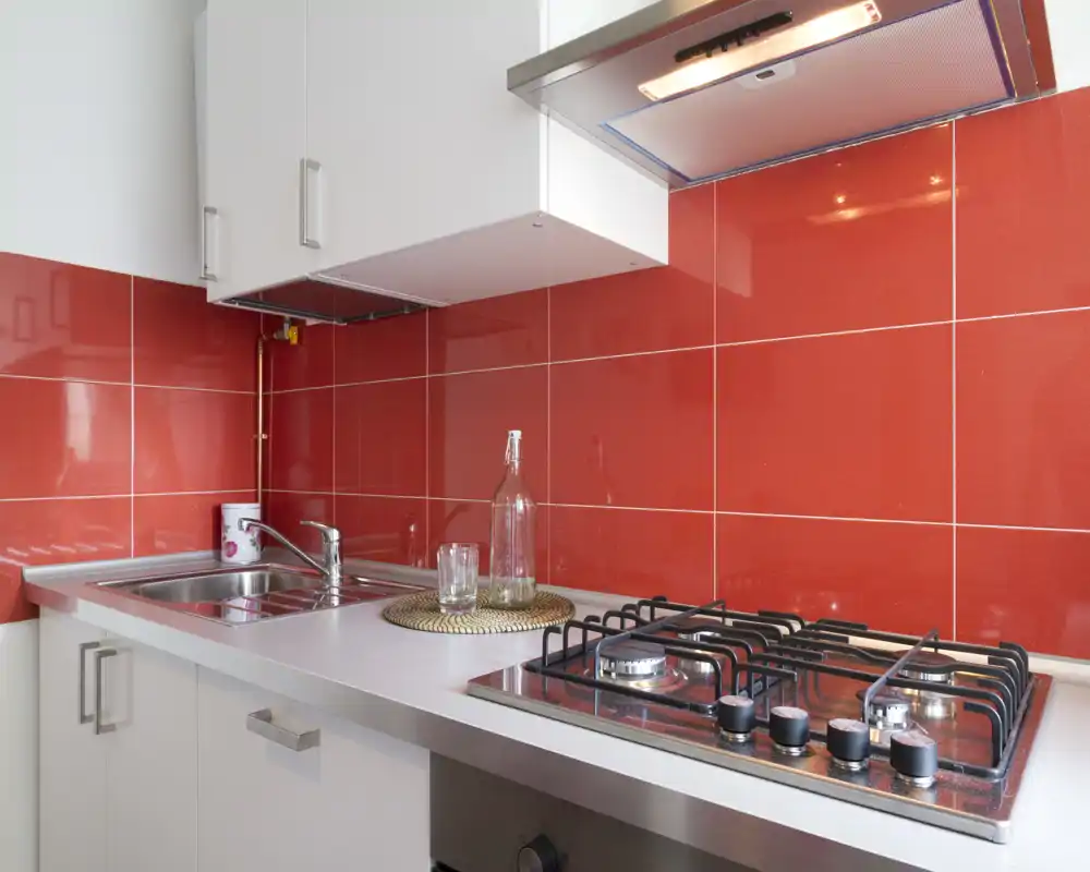 Cucina compatta e moderna con lavello in acciaio e piano cottura a gas su uno sfondo di piastrelle rosse; piano pulito con semplici elementi decorativi.