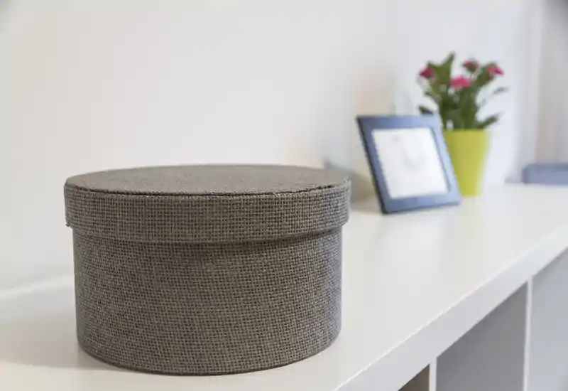 Close-up of a decorative storage box on a white console table with a framed photo and a small potted plant blurred in the background — a neat entry or hallway vignette.