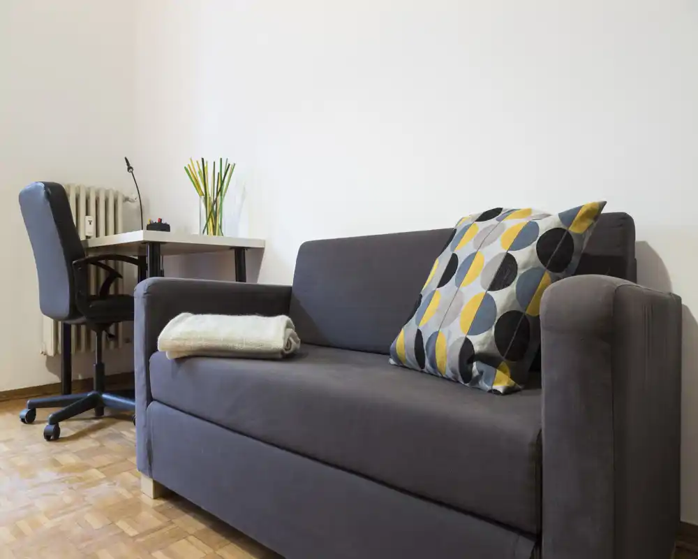 Bright, tidy living area with a compact grey sofa, patterned cushion and a small desk/work corner — ideal for a city rental or studio.