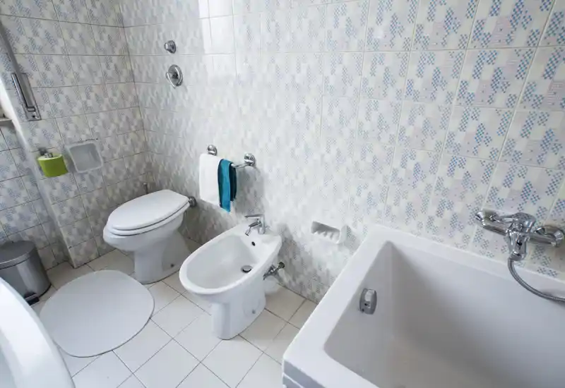 Clean, well-lit bathroom with a bathtub, bidet and toilet. Light patterned tiles and white fixtures create a fresh, functional space.