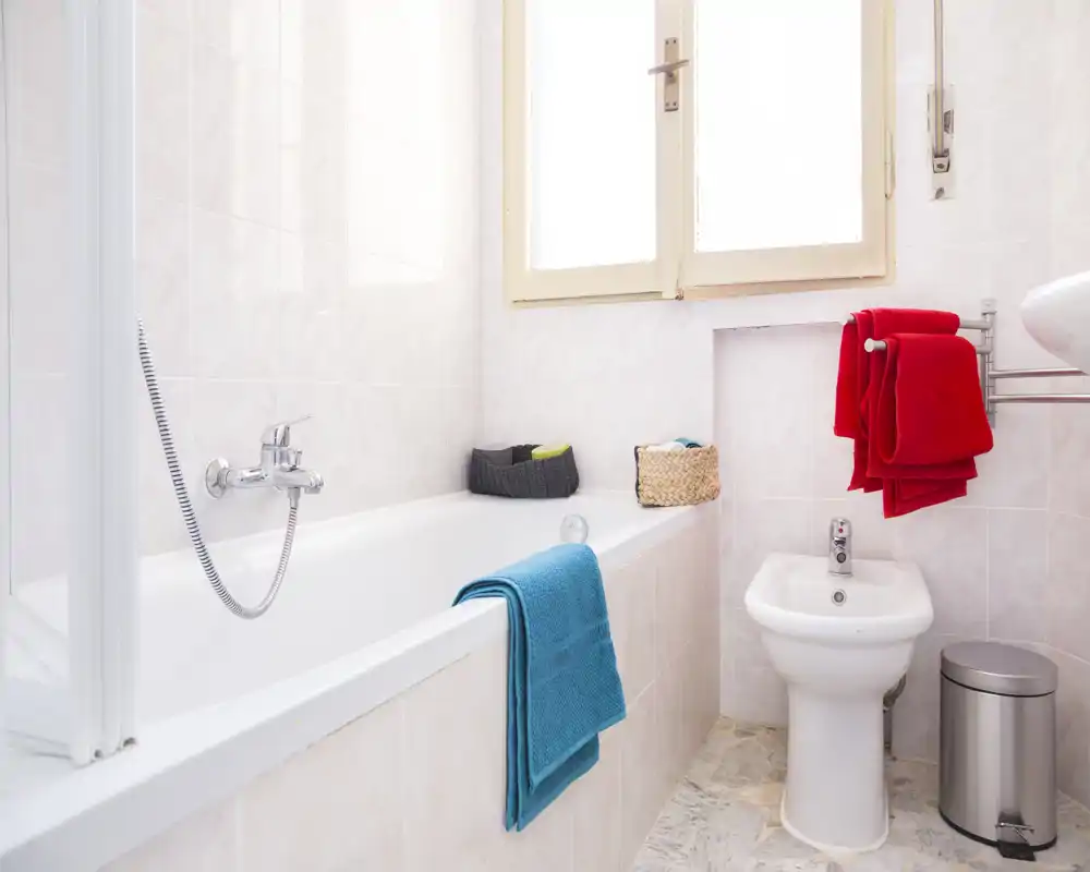 Baño luminoso y limpio con bañera, ducha de mano, bidé y toallas de colores que aportan contraste y calidez.