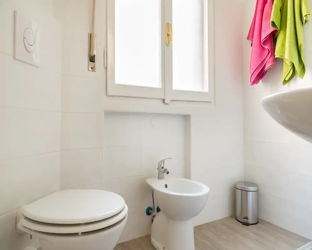 Baño luminoso y limpio con inodoro, bidé y lavabo de pared; luz natural de una ventana translúcida y toallas coloridas aportan un aire fresco.