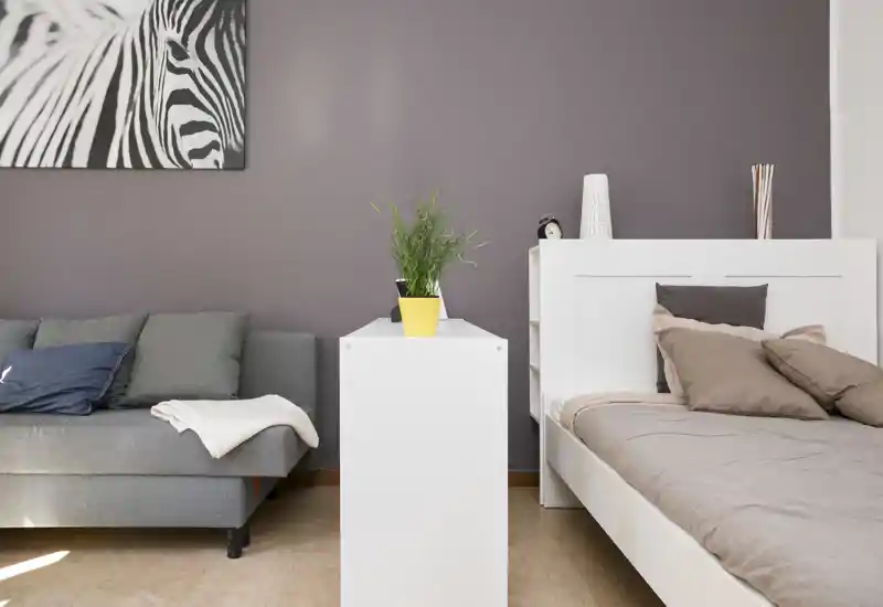 Bright, modern bedroom corner with a white bed, neutral bedding and a small gray sofa separated by a slim white console; tasteful decorative details and a potted plant add warmth.
