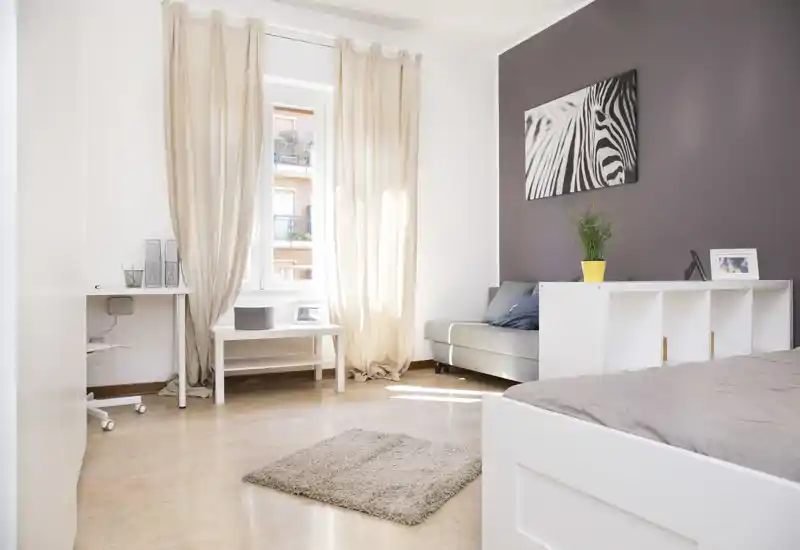Bright, modern bedroom with a white bed in the foreground, a cozy rug, a comfortable grey sofa near a purple accent wall and large sunlit window with sheer curtains.