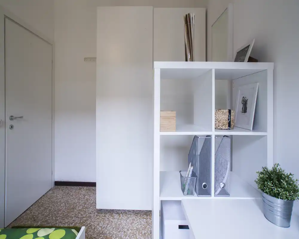 Coin de pièce lumineux et minimaliste avec une étagère blanche servant de rangement et quelques éléments décoratifs tels qu'une plante et un cadre. La photo met en avant le rangement soigné d'un petit espace de vie.