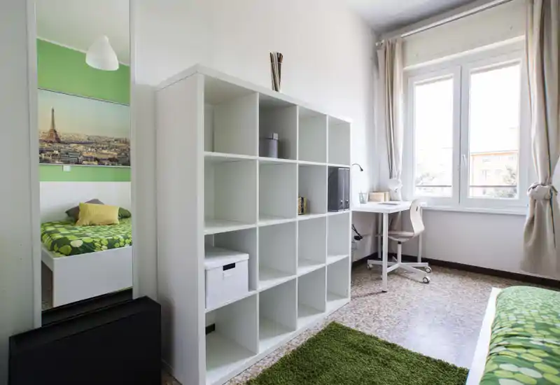 Chambre lumineuse et bien mise en scène avec un lit simple, textiles verts à motifs, étagère cloison et un petit bureau près de la fenêtre — idéale pour étudiant ou personne seule.