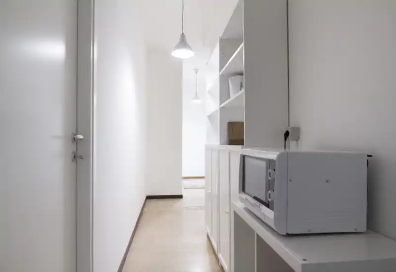 Narrow, well-lit entrance corridor with white walls, overhead pendant lights and a small shelf holding a microwave — clean minimalist hallway ideal for transitional spaces.