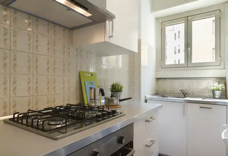 Cucina compatta e luminosa con piano cottura a gas, forno integrato e lavello in acciaio. Piante e tagliere decorativi la rendono accogliente.