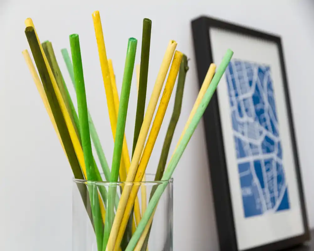 Primo piano di un vaso di vetro decorativo con bastoncini verdi e gialli e una stampa incorniciata sfocata sullo sfondo; immagine di dettagli decorativi, non mostra una stanza completa.
