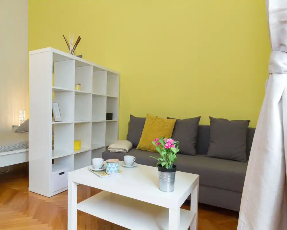 Zona living luminosa e accogliente con divano grigio, cuscini decorativi e tavolino bianco, completata da una parete gialla e da una libreria divisoria che separa leggermente l'area notte.