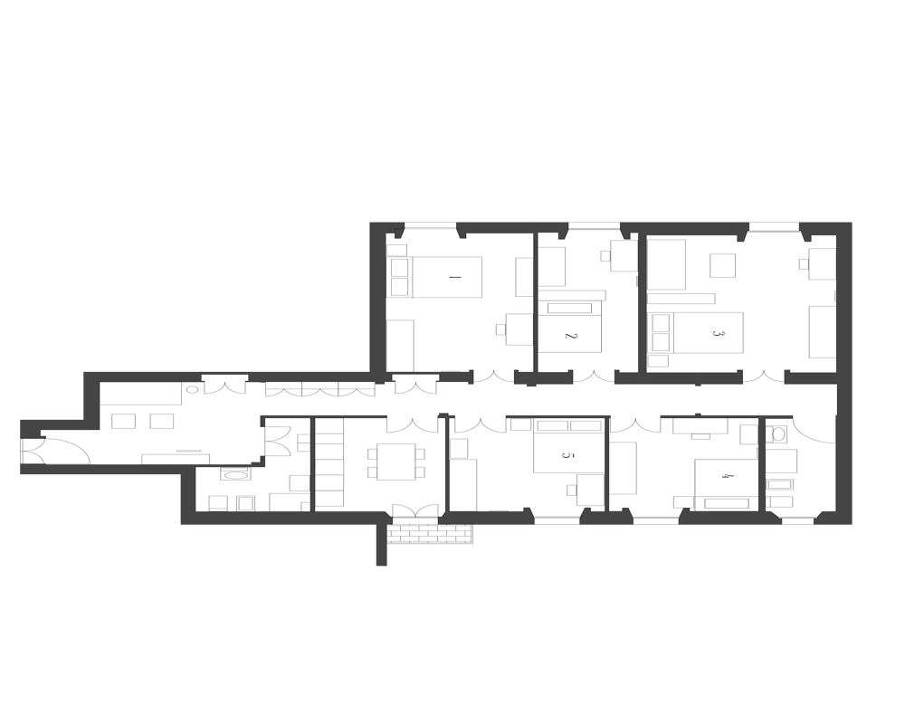 Detailed black-and-white floor plan showing the layout of multiple rooms, doors and furniture placements — a planimetry drawing suitable for listings and space planning.