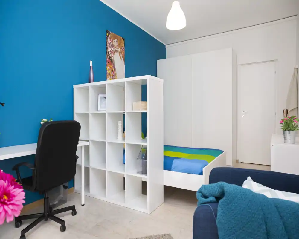 Bright, modern bedroom with a single bed, white shelving divider, desk and wardrobe. The decor features bold teal accent wall and cozy textiles, ideal for a student or single occupant.