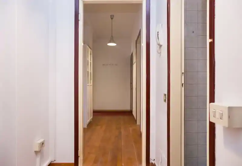 Bright, narrow entrance corridor with wooden floor, wall hooks at the end and a pendant light overhead — simple and well-lit access area.