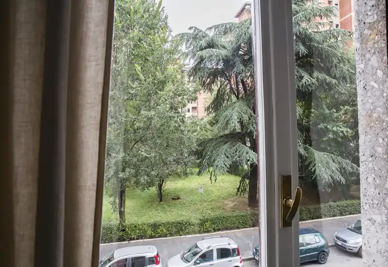 Window view overlooking a small green courtyard with mature trees and parked cars along the street — bright, refreshing outdoor aspect visible from the room.