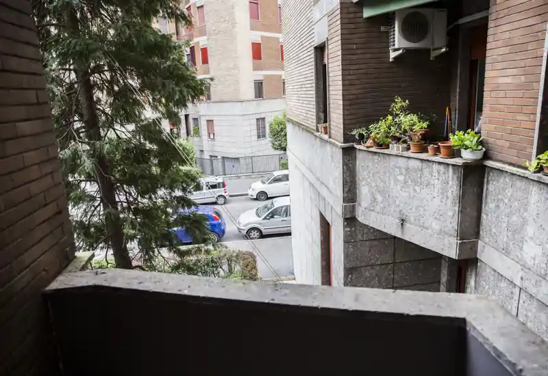Petit balcon urbain donnant sur la rue et l'immeuble voisin. Des pots de fleurs sur le balcon adjacent apportent de la verdure et la scène bénéficie d'une lumière naturelle douce.