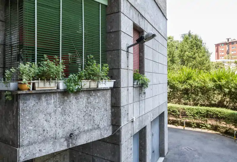 Outdoor view of a small apartment balcony with potted plants and green shutters, overlooking a quiet driveway and hedges.